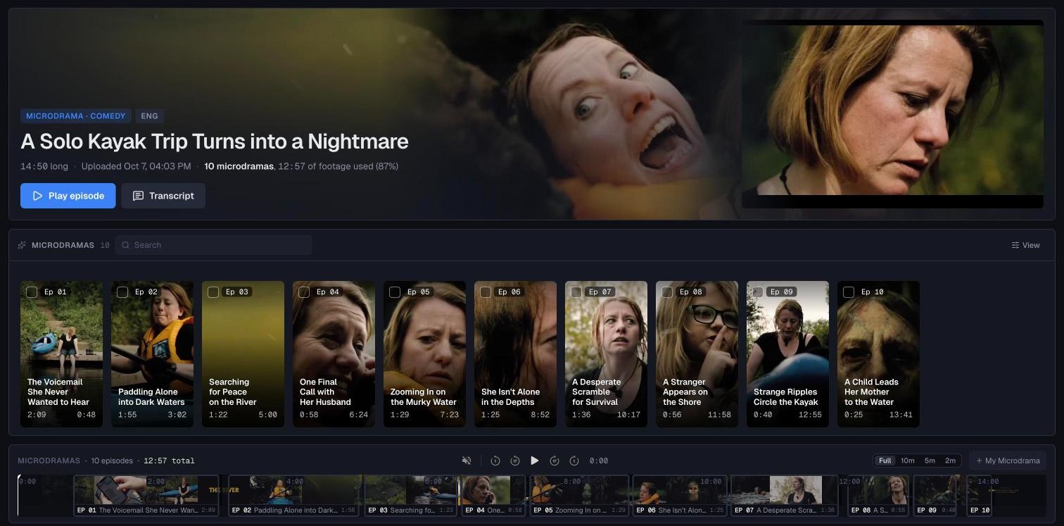 Frammer&rsquo;s Showcase view of a fifteen-minute film: its title, length and player on top, its ten microdramas below as 9:16 posters with their titles, lengths and start times, and the film&rsquo;s timeline at the foot