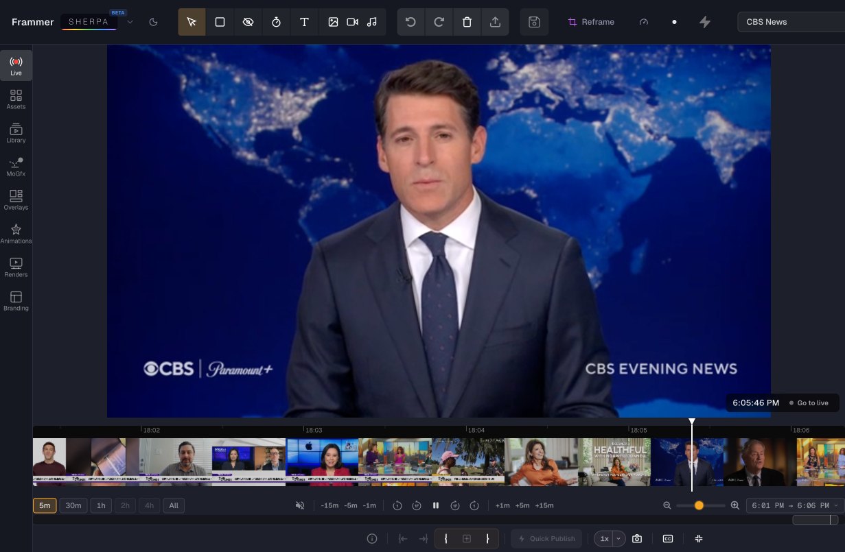 Frammer Sherpa on a live news feed: the programme, its live timeline of thumbnails and the clipping controls